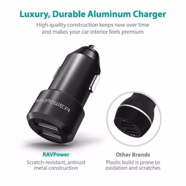 RAVPower billaddare 2 uttag i aluminium