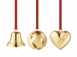 Georg Jensen 2025 Jul set med hjärta, klocka och kula. 18 Karat guldpläterat. Ornament 3 delar