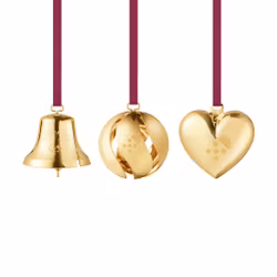 Georg Jensen 2025 Jul set med hjärta, klocka och kula. 18 Karat guldpläterat. Ornament 3 delar