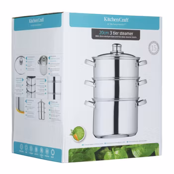 Kitchen Craft Ångkokare 20 cm / 3 liter 3 delar med glaslock. Rostfri