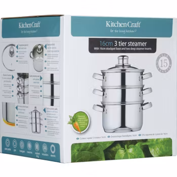 Kitchen Craft Ångkokare 16 cm / 1,5 liter 3 våningar delar med glaslock. Rostfri