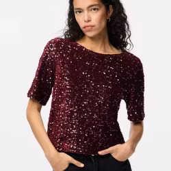 Kam kortärmad paljett topp vinröd