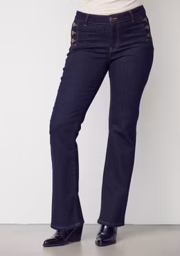 Como flare button jeans unwashed denim