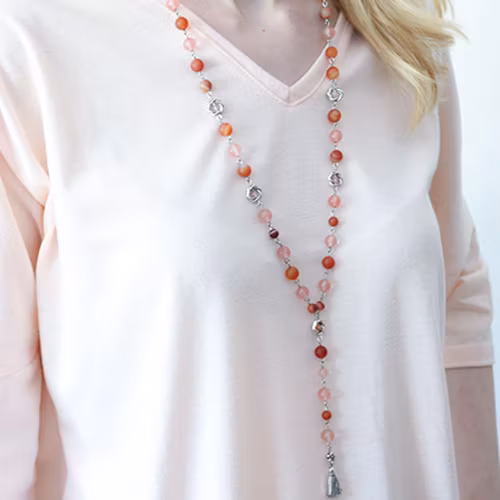 Pärlhalsband Med Stenar - Hallonet A