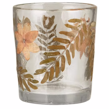 Stage t/fyrfadslys m/blomster og blade i glas