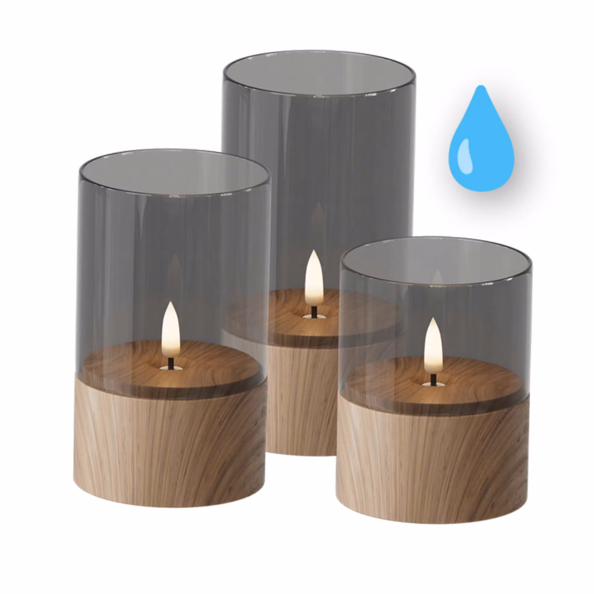Outdoor LED-lys med Trælook & Røget Glas – Sæt med 3 stk.