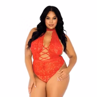 Leg Avenue Floral Lace Crotchless Teddy Red UK 14 to 18
