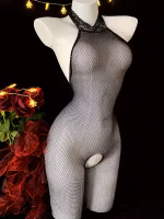 Stilig Mesh Design| Elegant Svart Blonder Halter Bodysuit med Houndstooth Mesh Mønster