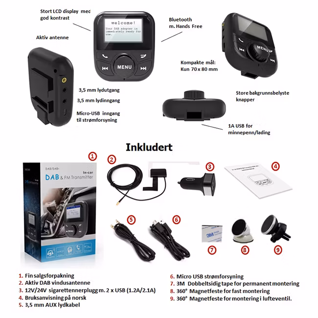 DAB+ adapter med BT, TLF og AUX/FM-sender