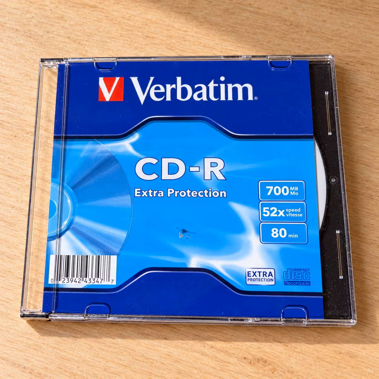 Verbatim CD-R-etui opstillet på et træbord