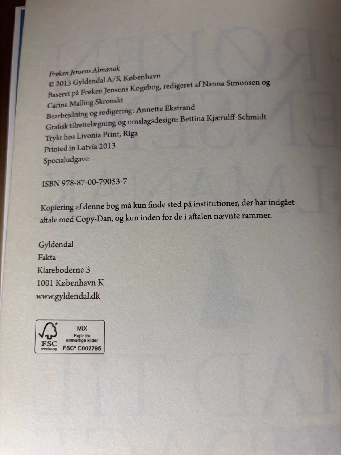Kolofon – Frøken Jensens Almanak, specialudgave 2013