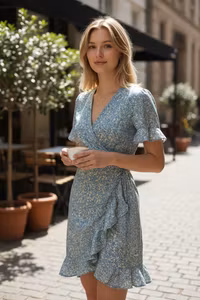 ONLY Olivia blå slå-om-kjole med flæser – str. 36