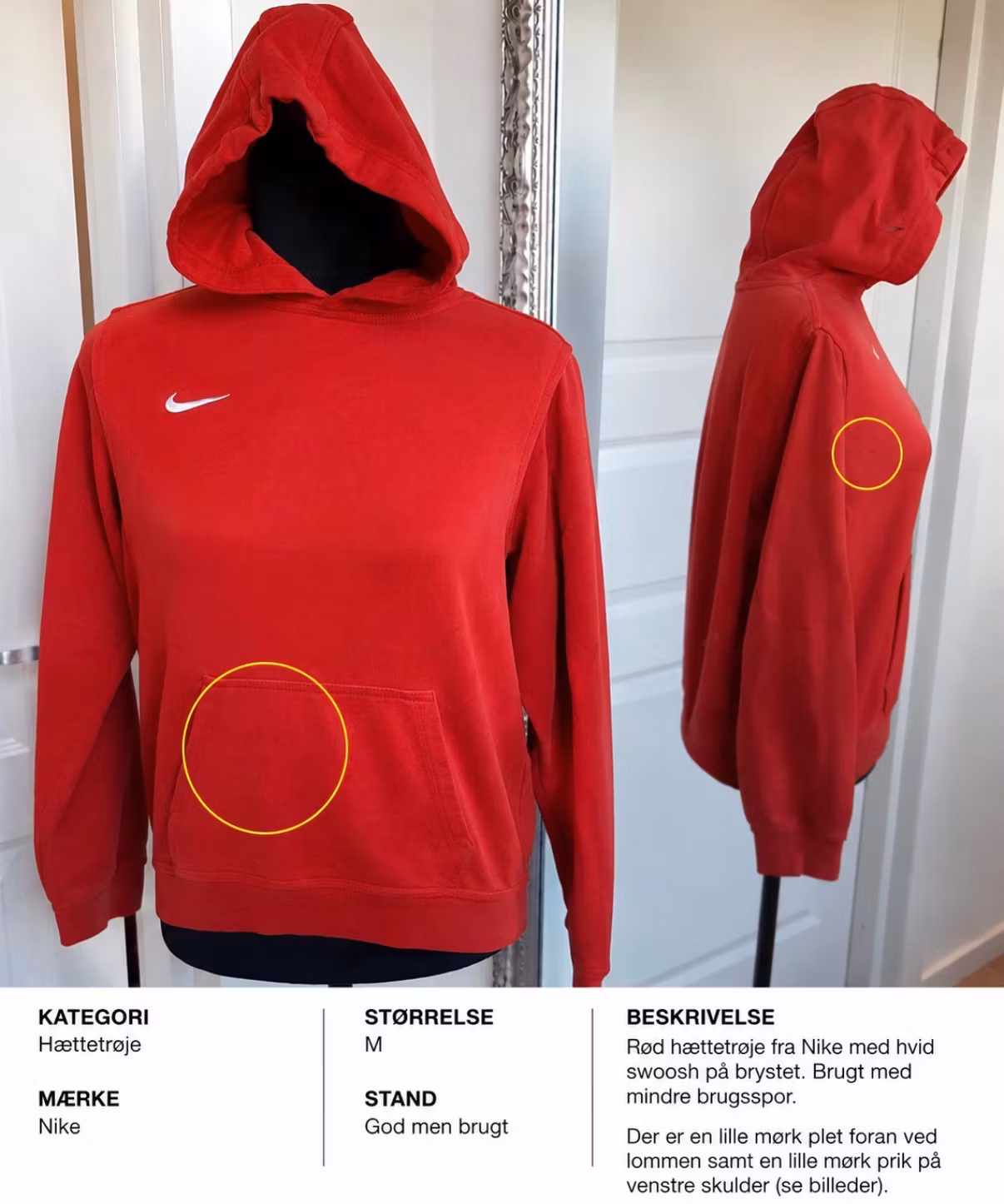 Rød Nike-hættetrøje str. 158 med synlige pletter
