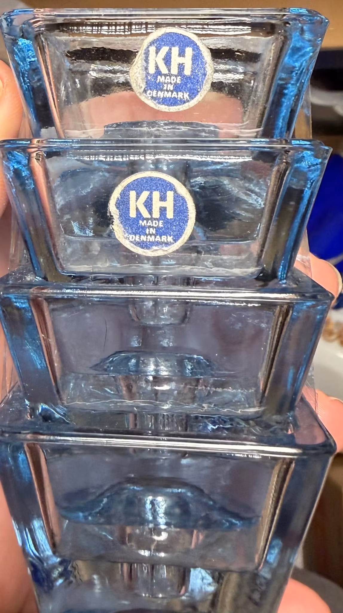 Sæt med 4 blå glaslysestager – Kastrup-Holmegaard, Made in Denmark