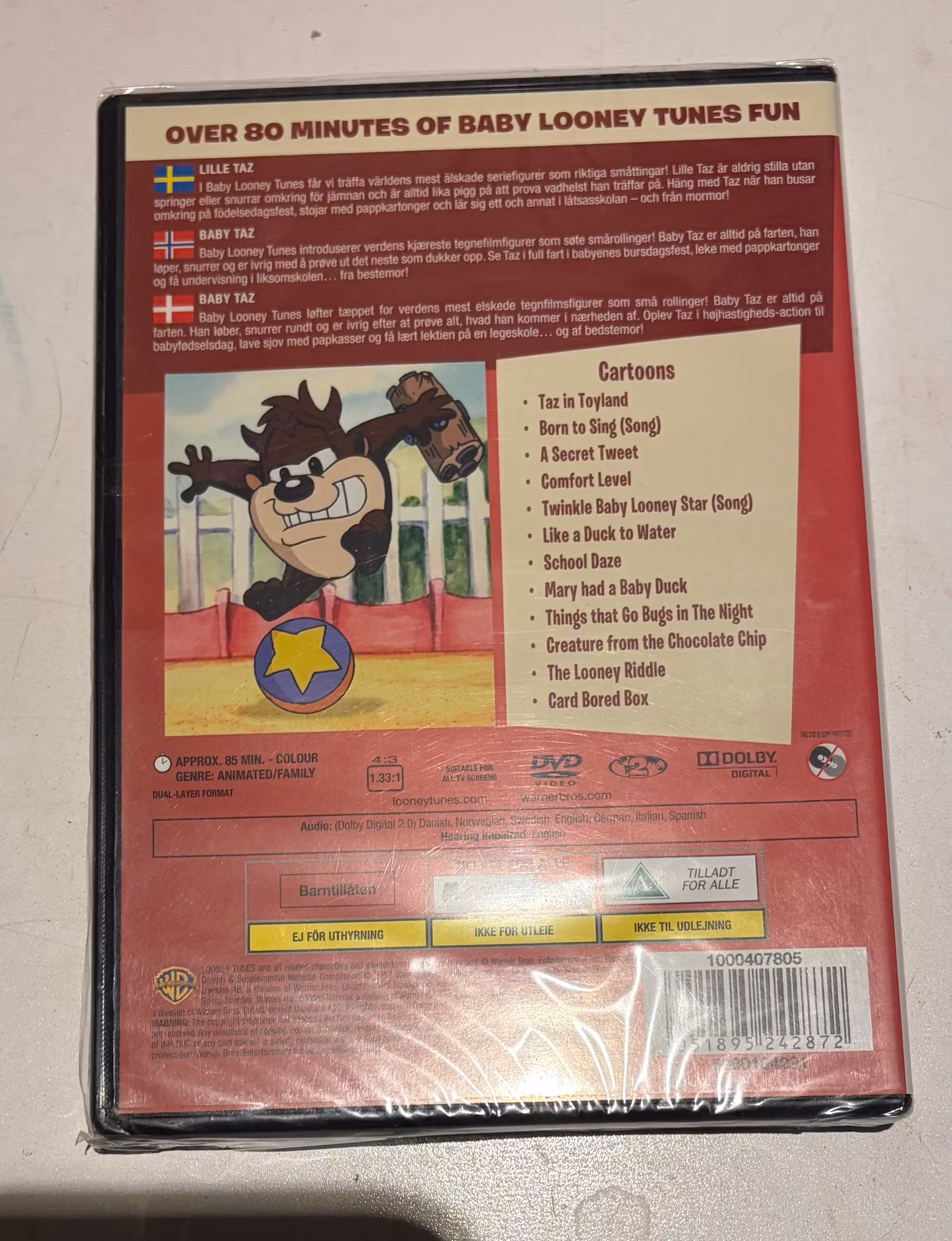 Baby Taz Looney Tunes DVD – bagside med indhold og sprog
