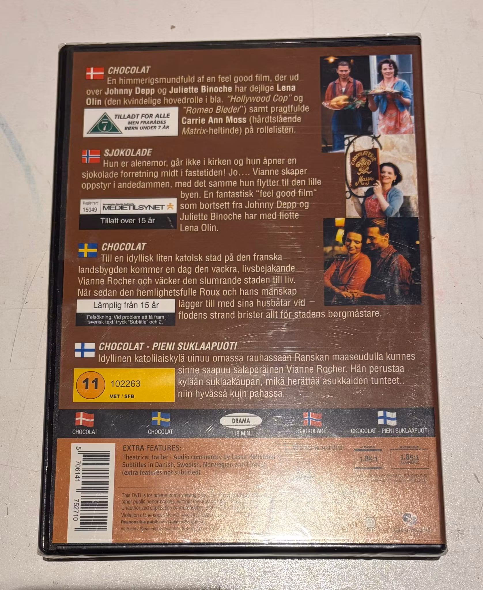 Chocolat DVD – bagside med nordiske tekster og information