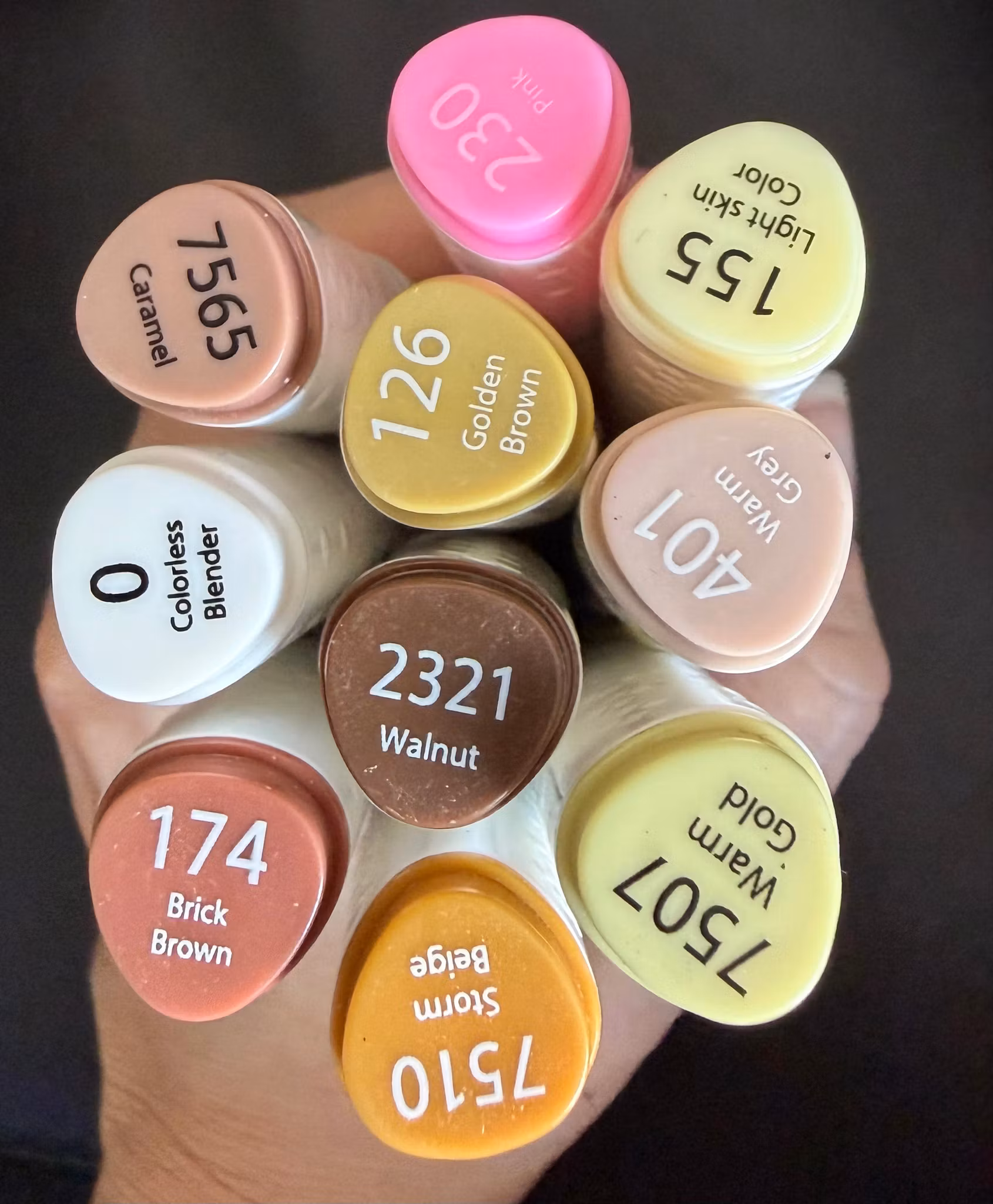 10 alkoholbaserede dual markers i hud-, brun- og guldtoner