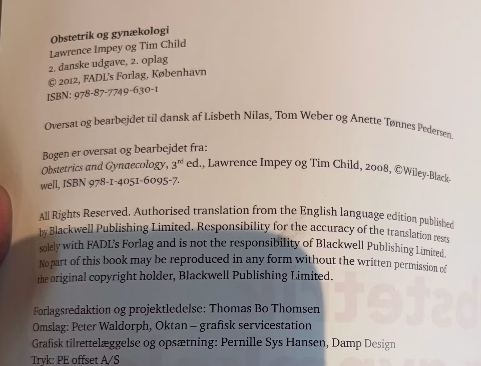 Kolofon med ISBN og udgave for Obstetrik og gynækologi