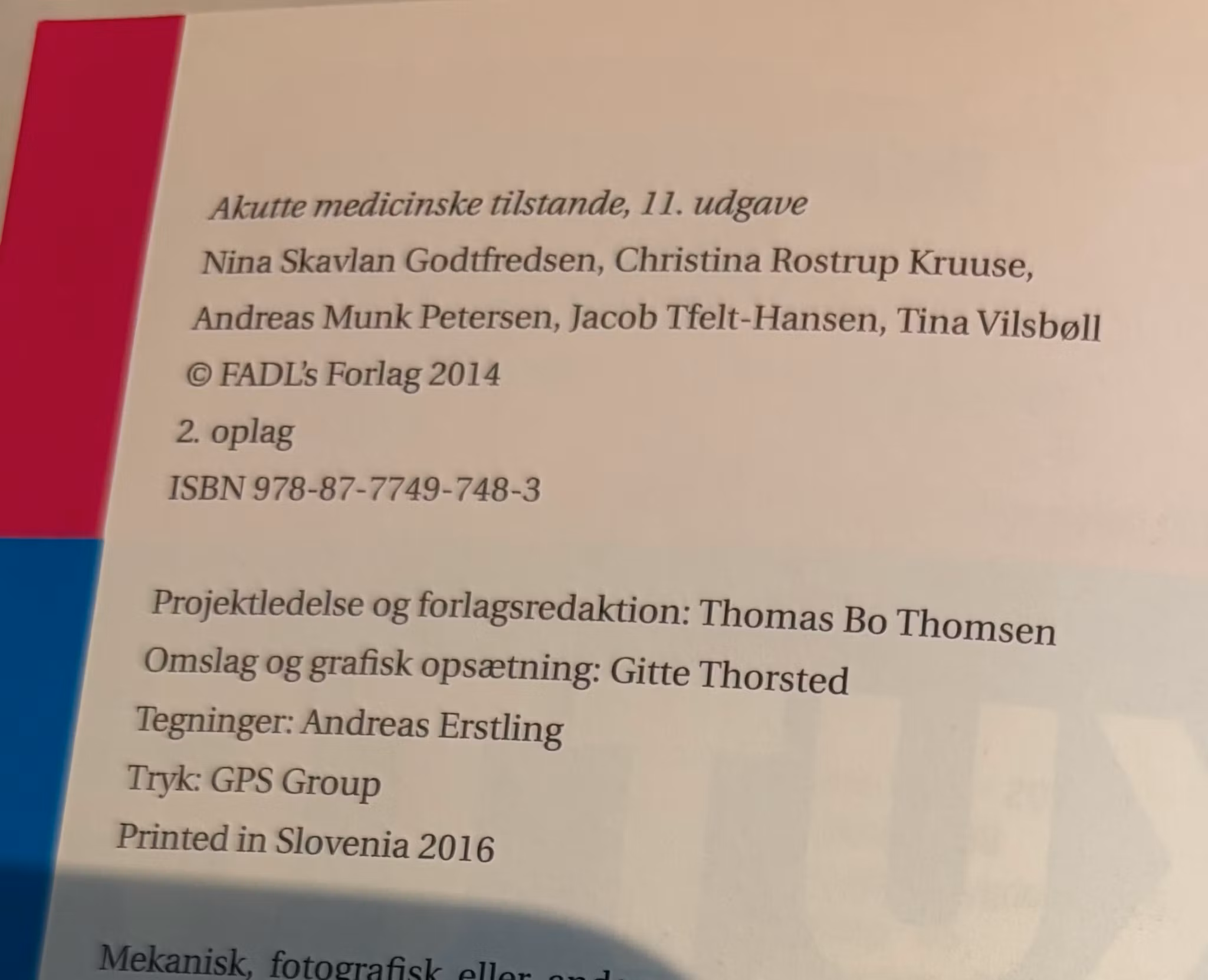 Kolofon med ISBN og forfattere for Akutte medicinske tilstande, 11. udgave