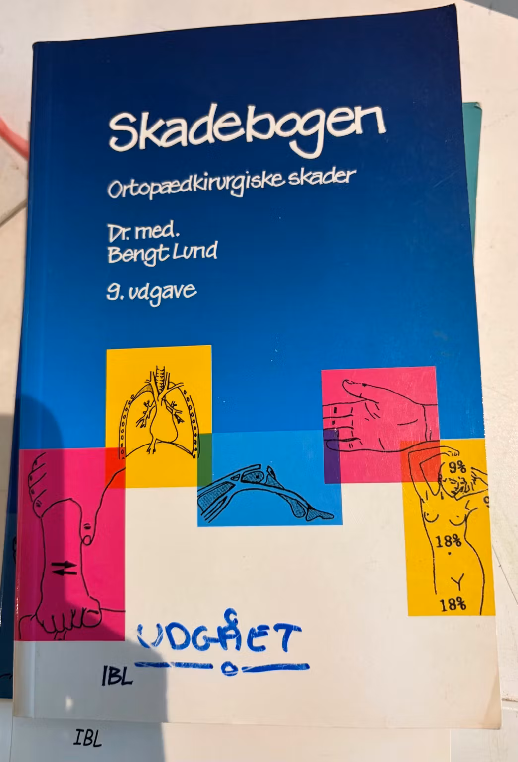 Forside af Skadebogen, 9. udgave med håndskrevet påskrift