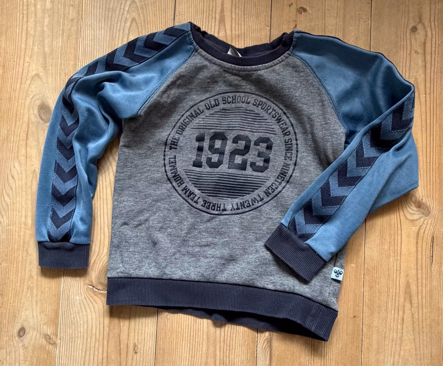 Hummel grå og blå sweatshirt med 1923-print – str. 110