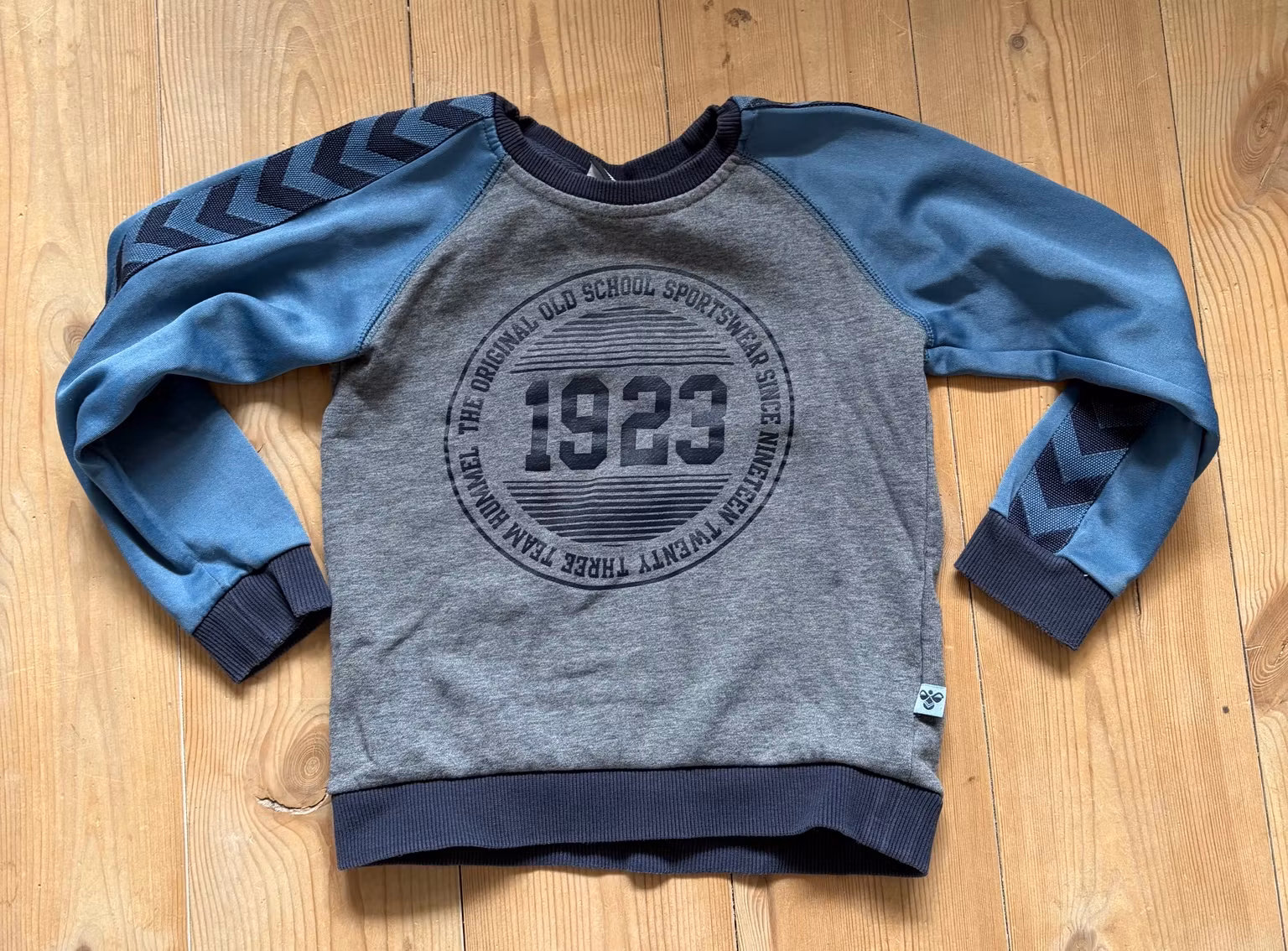 Hummel grå og blå sweatshirt med 1923-print – str. 110