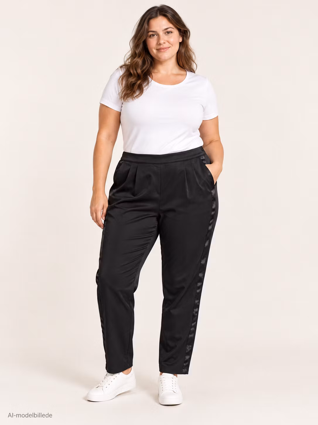 AI-modelbillede – illustration af Bukser VRS Woman sorte med blanke sidestriber – str. XL