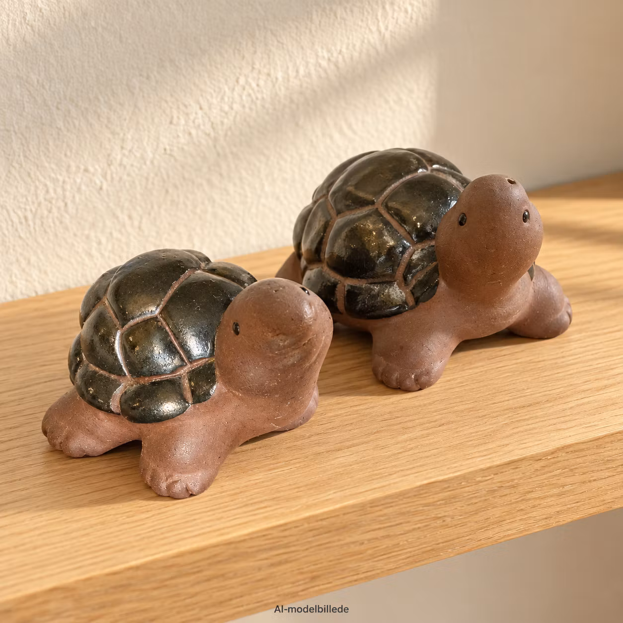 Skildpadder i keramik – 2 stk. i brun og mørkegrøn, ca. 8 cm