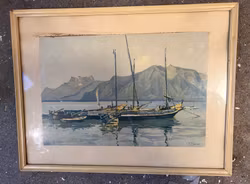 A. Marc “Lac Leman” – indrammet kunsttryk med sejlbåde, ca. 42 × 32 cm