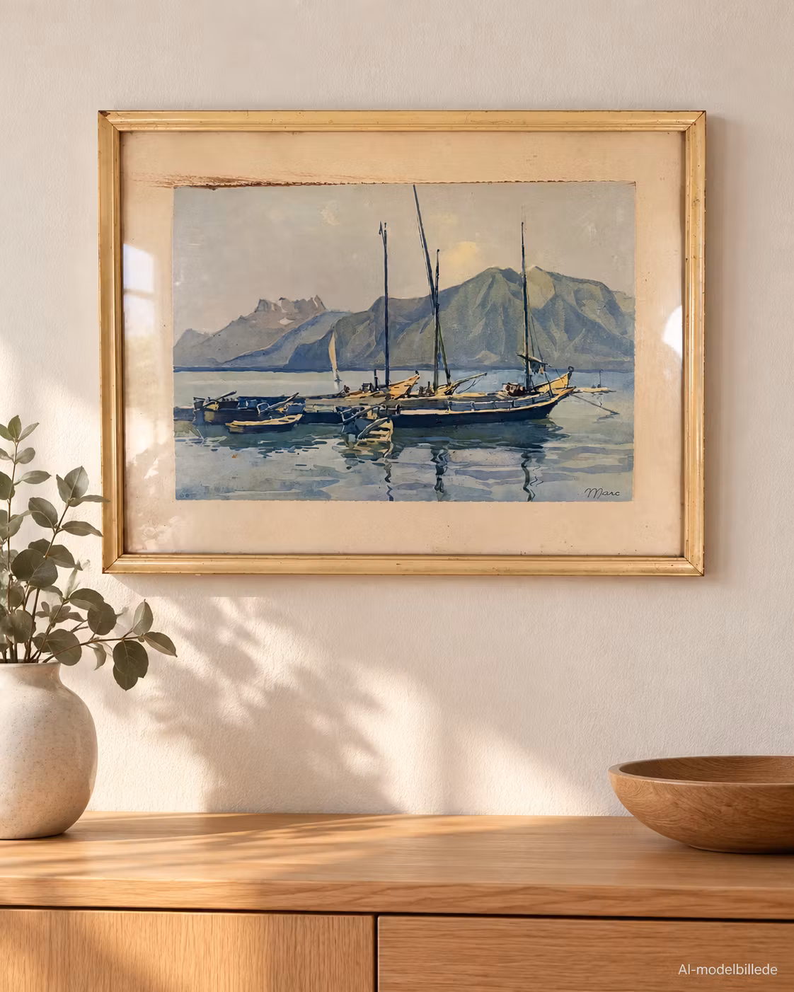 A. Marc “Lac Leman” – indrammet kunsttryk med sejlbåde, ca. 42 × 32 cm
