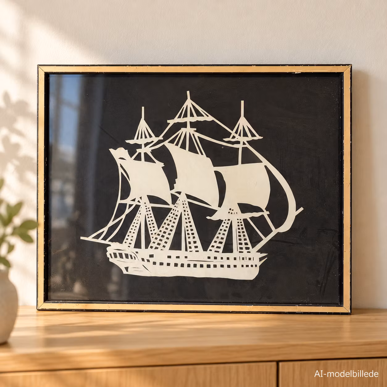 Billede med sejlskib – hvidt papirklip i guldfarvet ramme, ca. 34 × 29 cm