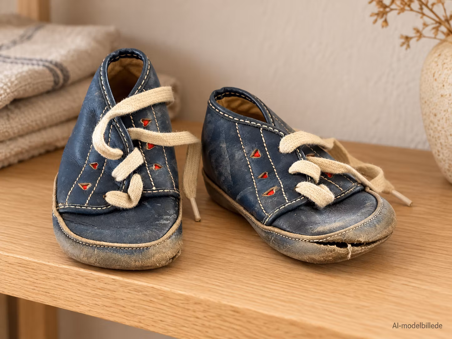 Babysko til dekoration – blå snøresko, ca. 13 cm, med sålskade