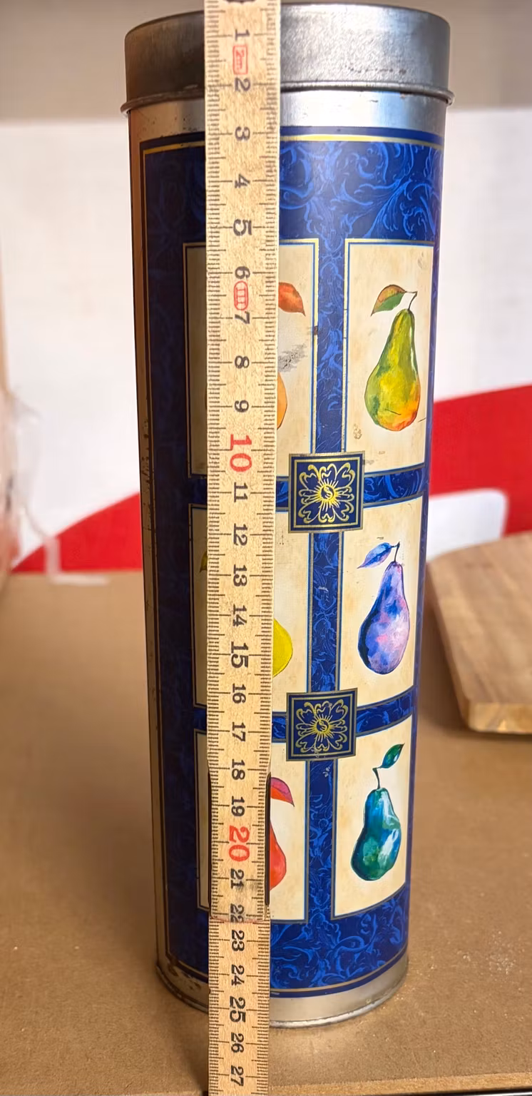 Metaldåse med låg – blå med pærer, ca. 25 cm