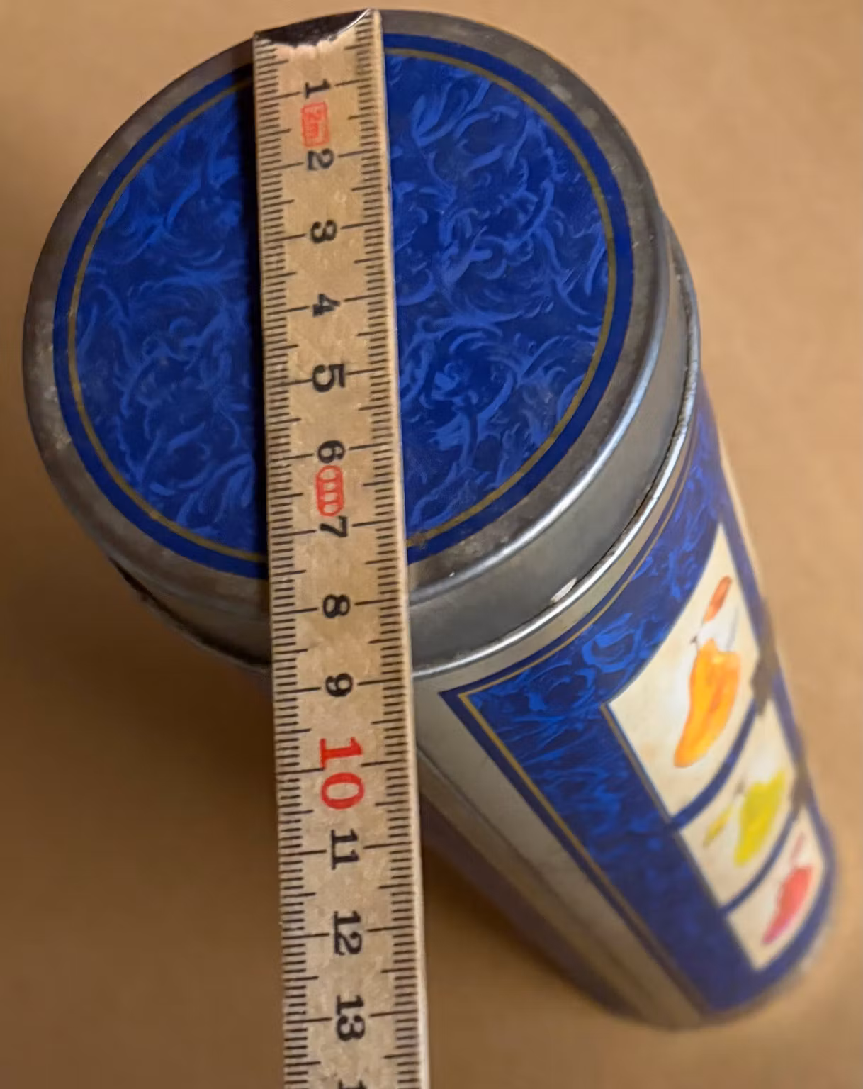 Metaldåse med låg – blå med pærer, ca. 25 cm