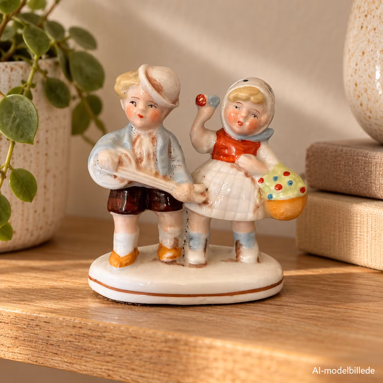 Keramikfigur med dreng og pige – ca. 8,5 cm