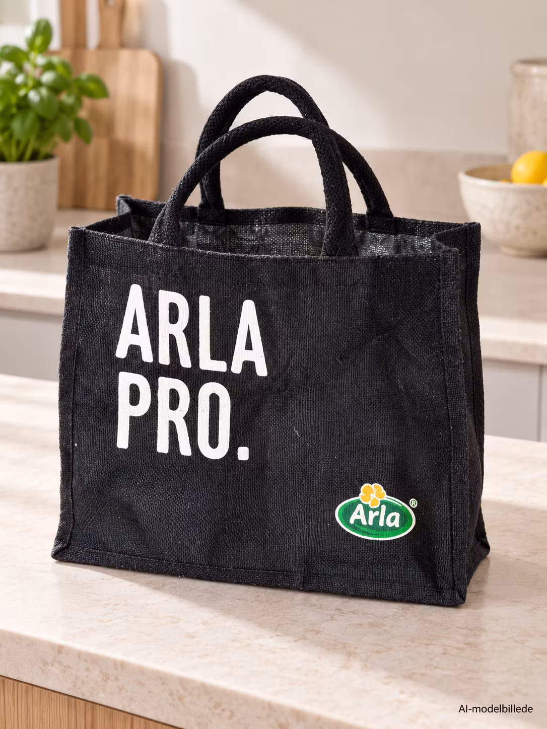 Indkøbstaske Arla Pro – sort med korte hanke, ca. 35 × 30 cm