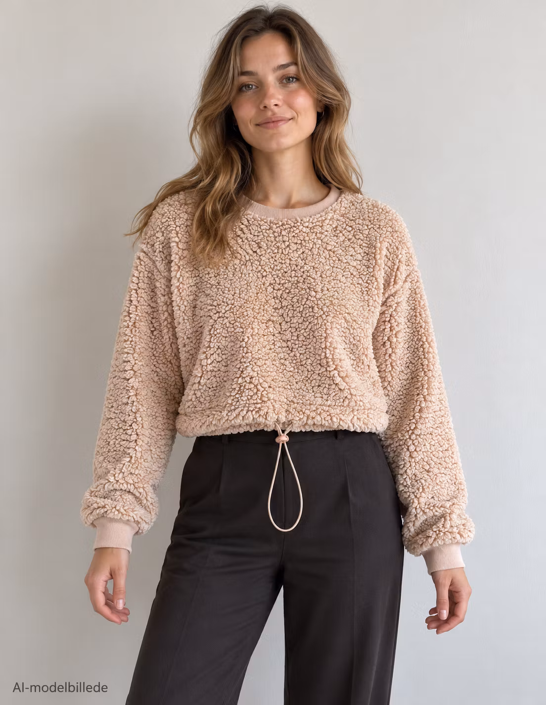 Teddytrøje – lys beige med rosa tone og snøre, str. S/M