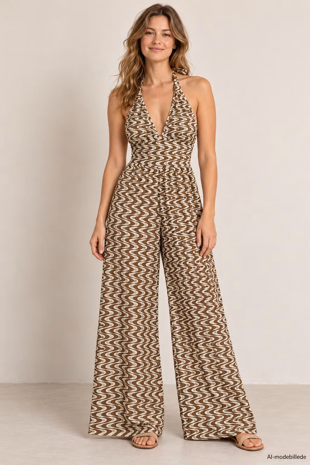 Jumpsuit SHEIN – brun/creme med bølgemønster og halterneck, str. M/38