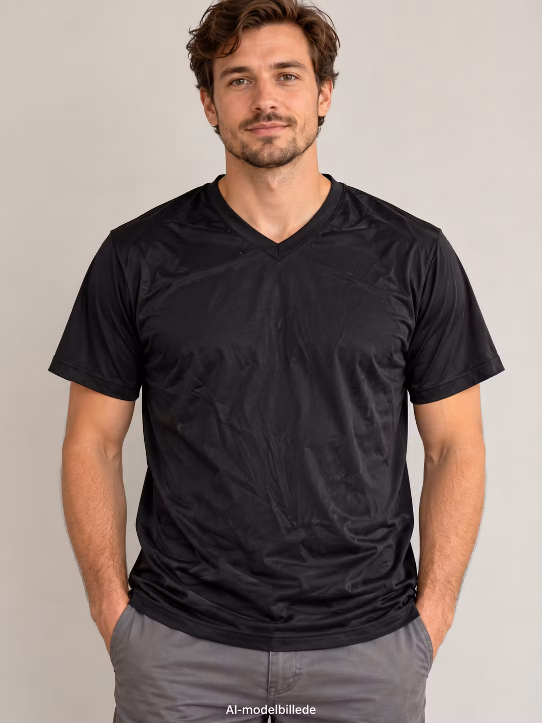 T-shirt med V-hals – sort, str. L