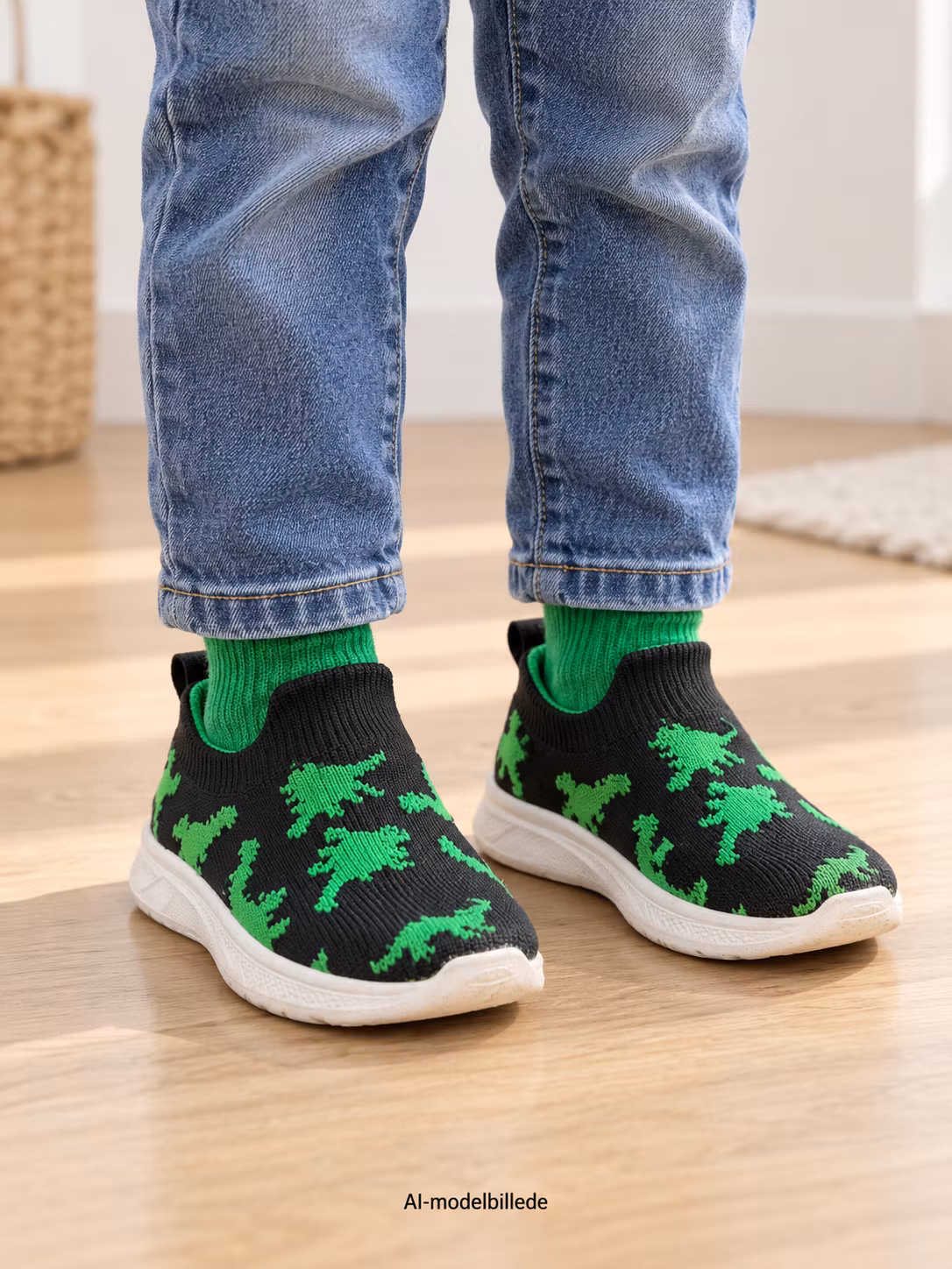 Slip-on-sko til børn – sorte med grønne dinosaurer, indvendigt ca. 15 cm