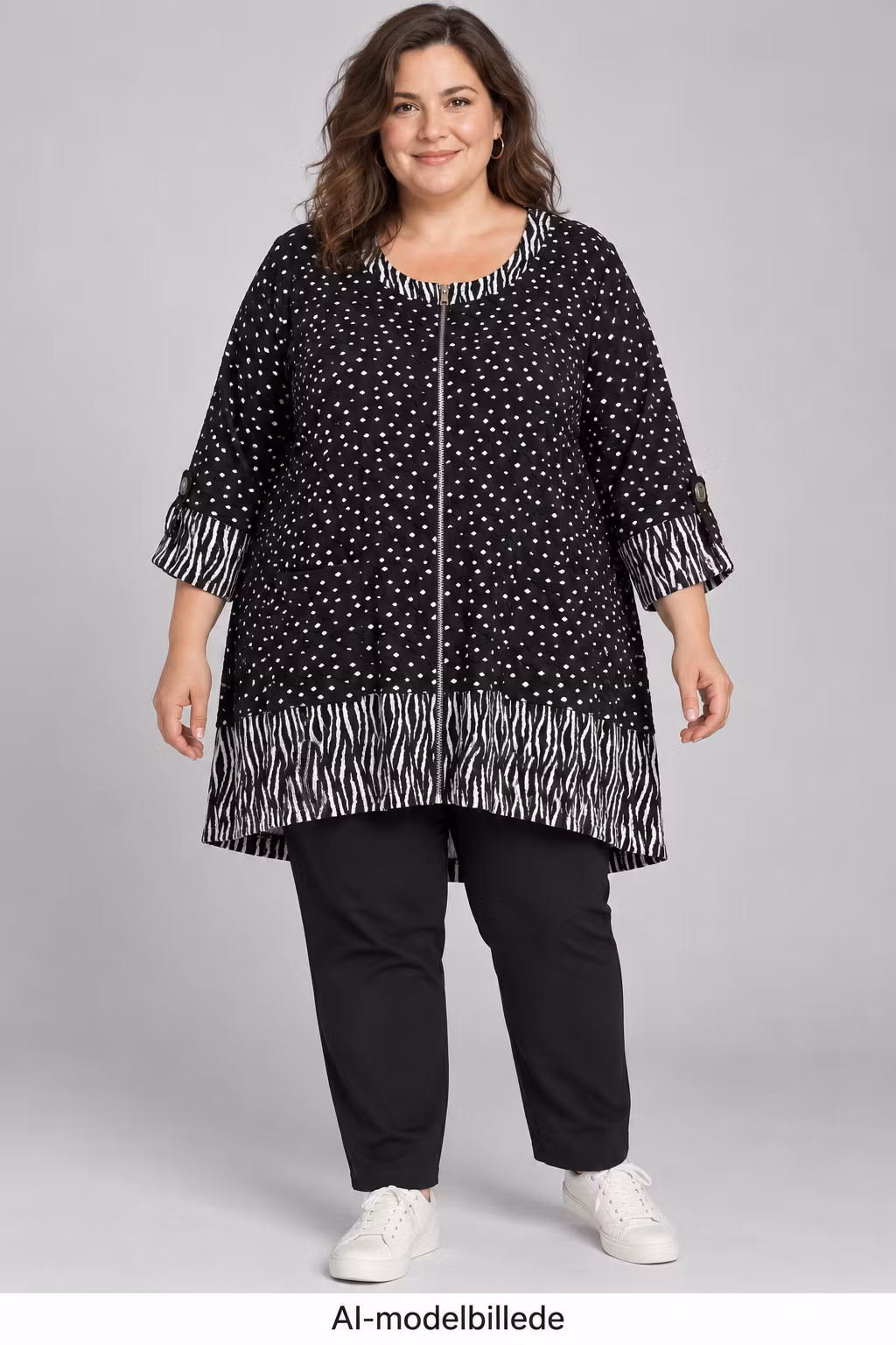 Cardigan Handberg – sort/hvid med lynlås, str. 3XL