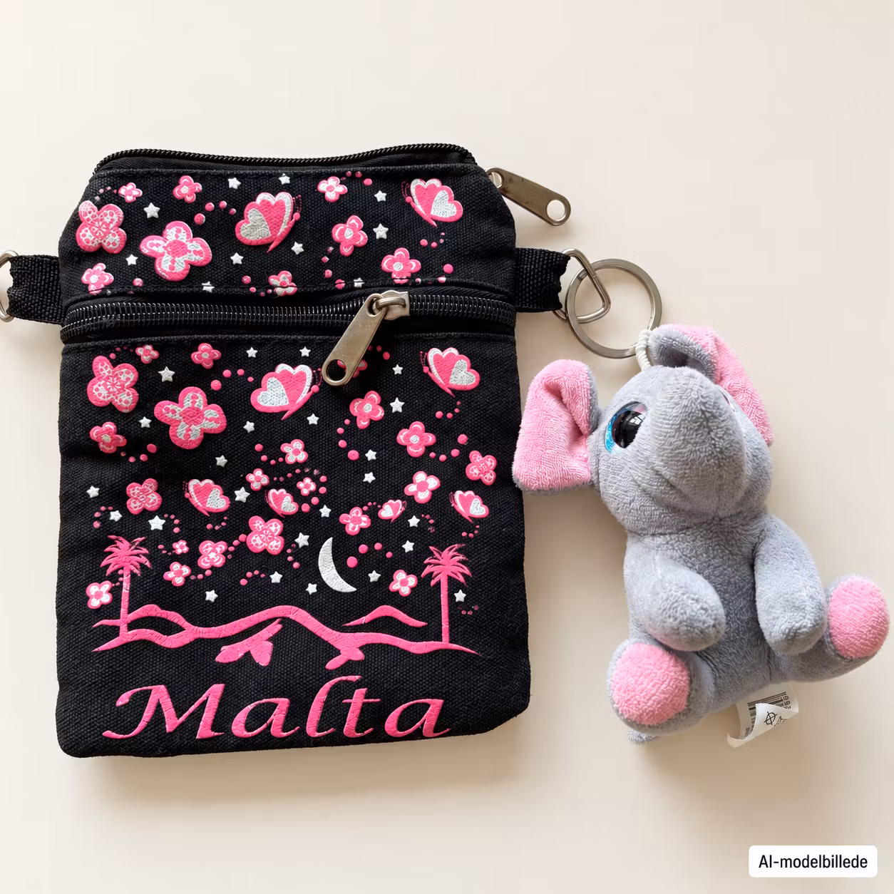 Taske Malta sort/pink med elefantnøglering – ca. 18,5 × 13,5 cm