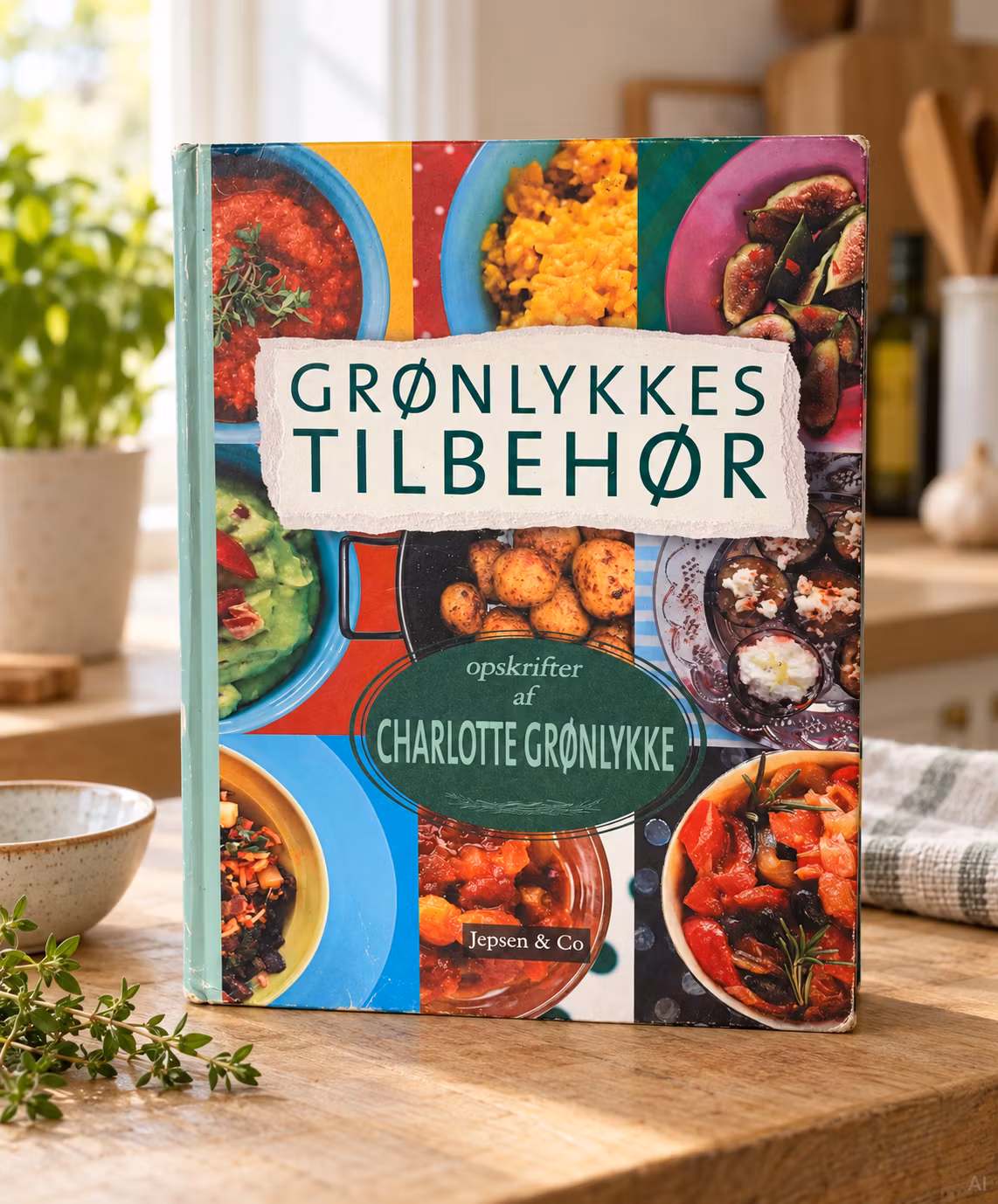 Grønlykkes Tilbehør opstillet på køkkenbord