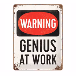 Plåtskylt - "Warning Genius at Work" 30x40 cm