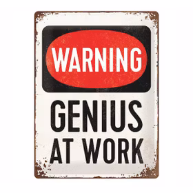 Plåtskylt - "Warning Genius at Work" 30x40 cm