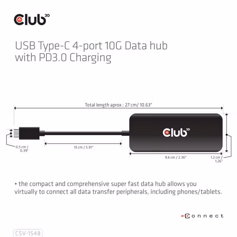 Club 3D CSV-1548 USB-C-hubb med 4 portar 10 Gbps och 100 W PD Svart