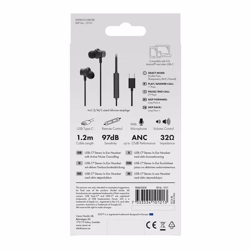 X2O USB-C ANC In-ear-headset med silikonpluggar 1,2 m Svart