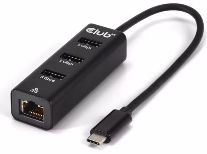 Club 3D CSV-1549 USB-C-hubb med 3 × USB-A och Gigabit Ethernet Svart