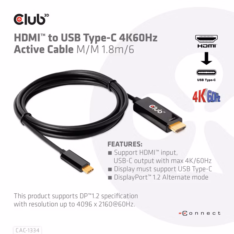 Club 3D CAC-1334 HDMI till USB-C-adapterkabel 4K 60 Hz 1,8 m Svart