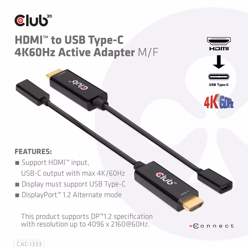 Club 3D CAC-1333 HDMI till USB-C-adapterkabel 4K 60 Hz 22 cm Svart